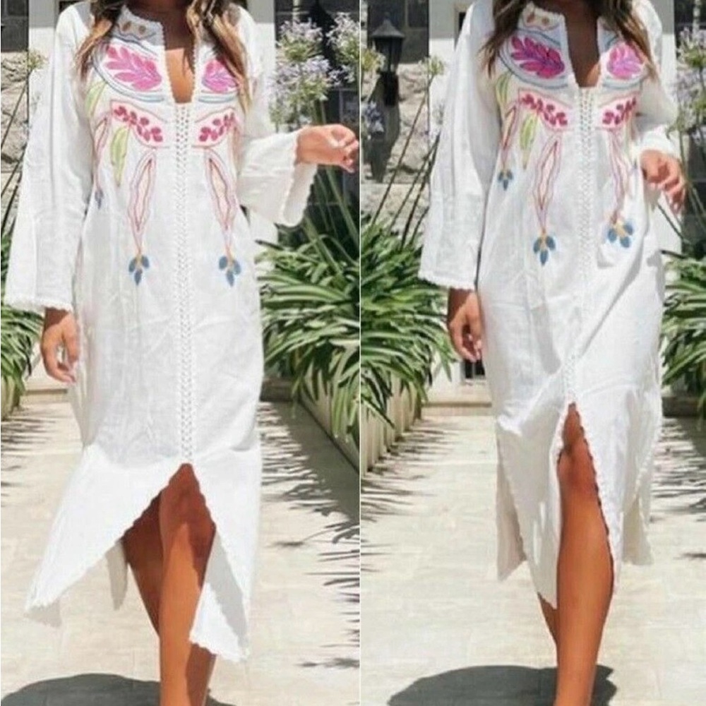 Zara Cotton Embroidered Tunic Kaftan Dress Beach Cover-Up NWT Women’s L